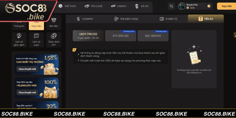 Chi tiết các bước nạp tiền SOC88 bằng tiền ảo bảo mật cao