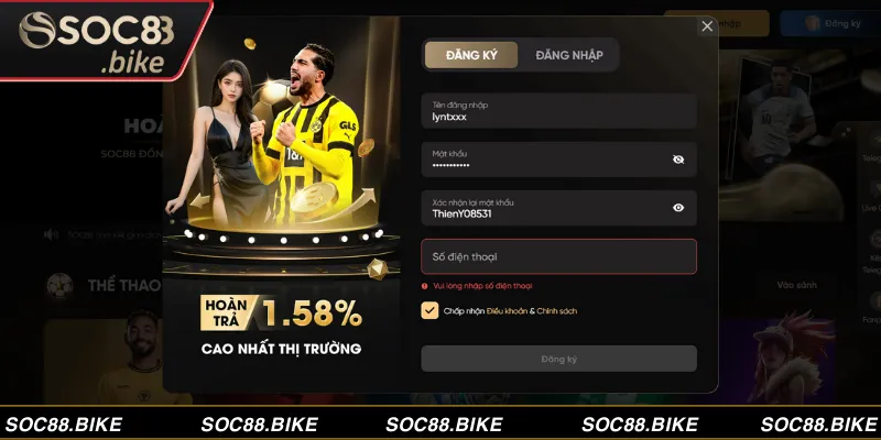 Đăng ký SOC88 Điền đầy đủ các trường dữ liệu được hệ thống yêu cầu