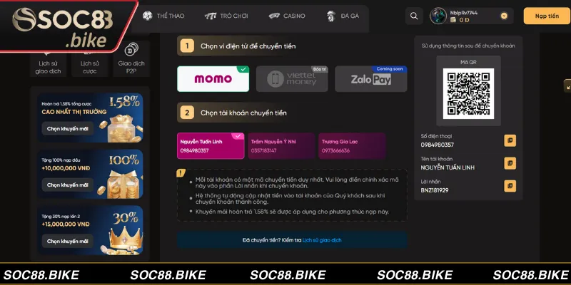 Hướng dẫn cách tăng số dư cược vào tài khoản bằng ví điện tử